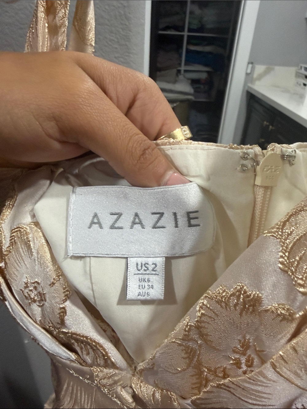 Azazie Champagne Floral Brocade Midi Dress - Picture 2 of 3